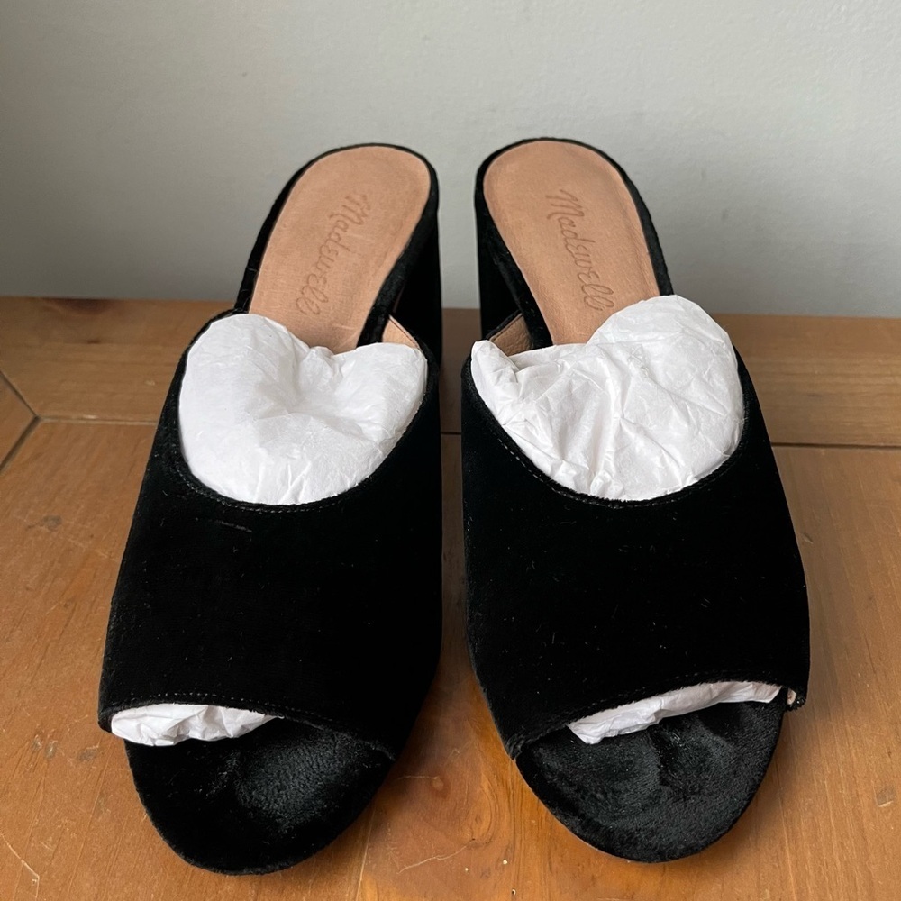 Madewell Women’s Beatriz Trendy Black Velvet Mules Open Toe Block Heel - Picture 3 of 12
